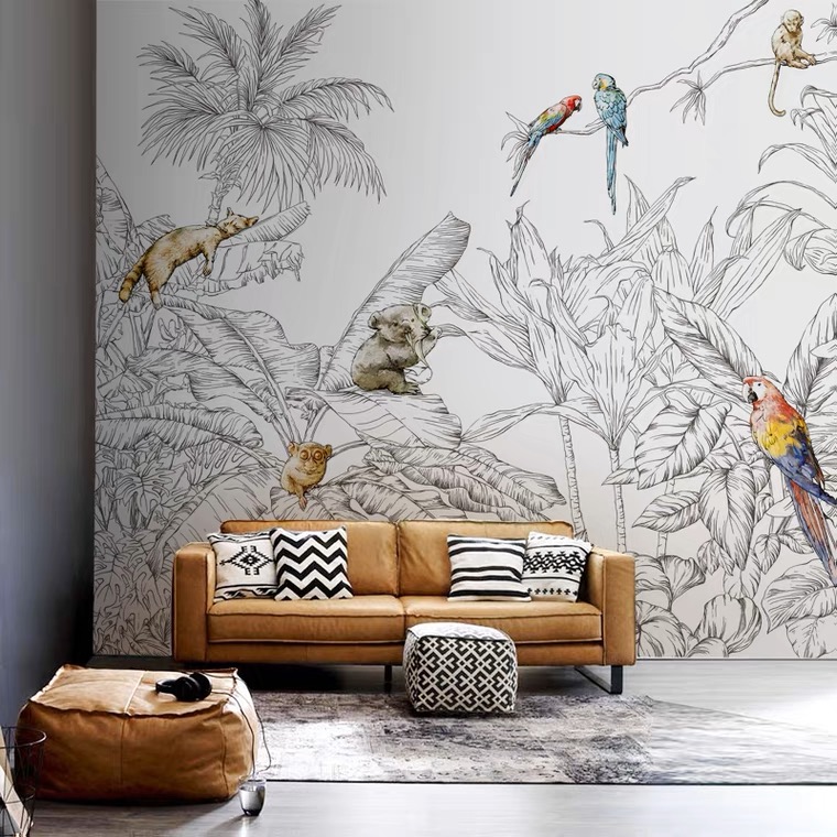 法式清新线描热带雨林动物定制壁画抽象沙发墙壁布简约客餐厅墙纸