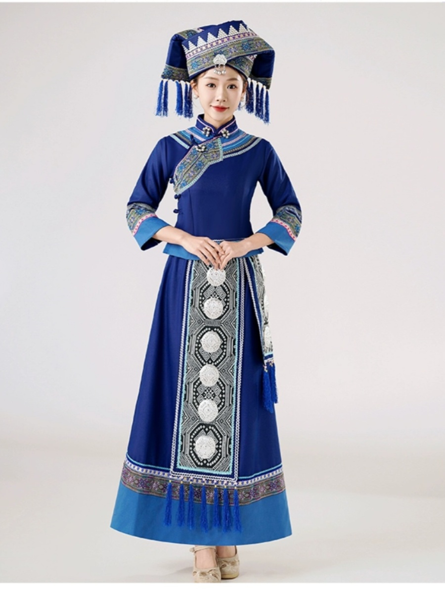 新款广西壮族女少数民族壮族舞蹈演出服中国传统三月三服饰藏蓝色