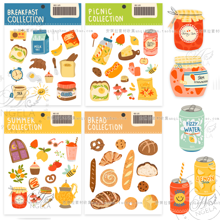 卡通可爱风美食零食罐头果酱果汁饮料面包手账图案矢量设计素材