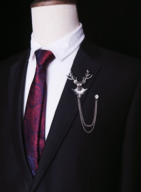 韩版风格鹿头胸针金属徽章链条男西装衣领别针领链鹿头像胸针配饰