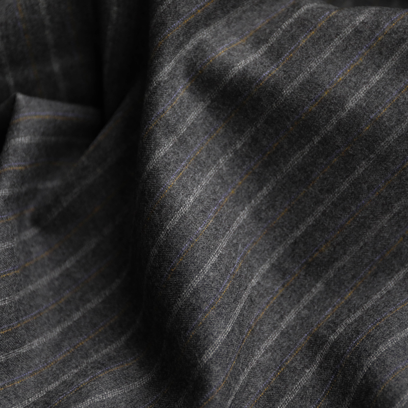 意大利进口薄款灰色色彩竖条纹法兰绒精纺纯羊毛面料设计师布料