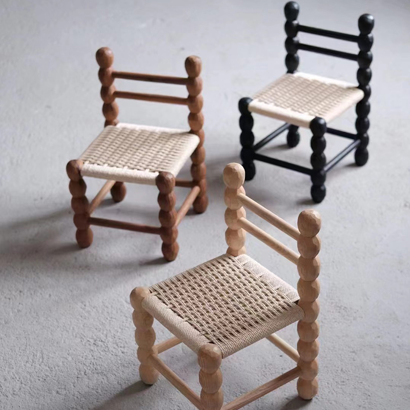 实木儿童椅子手工刀雕刻椅手作木器中古家具绳编椅宝宝礼物耕造