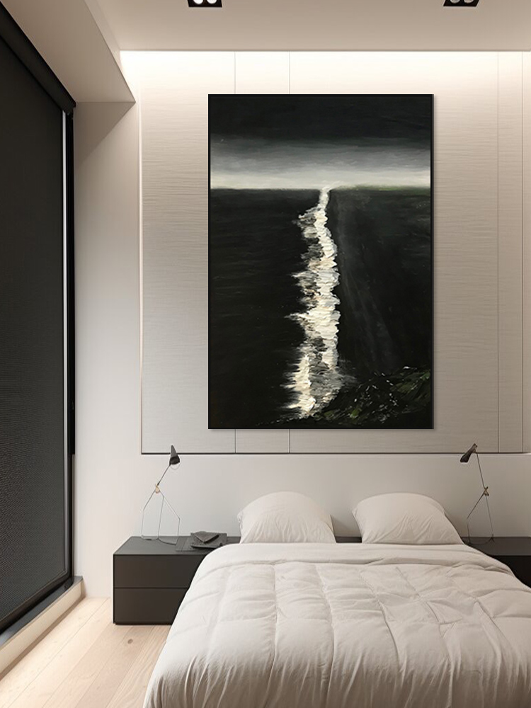 抽象黑白色海浪纯手绘油画意式极简高级感装饰画客厅玄关肌理挂画