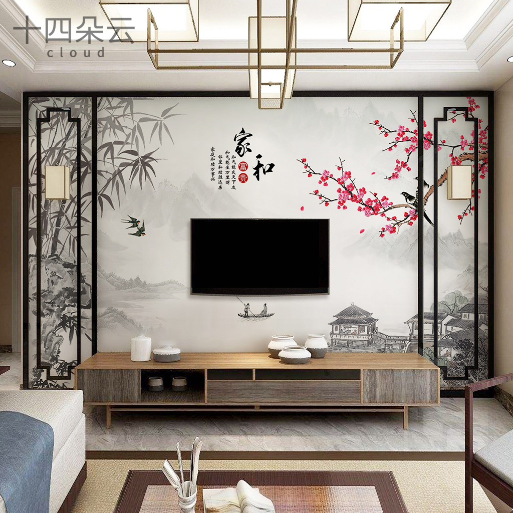 新中式简约山水竹子鸟拼几何图形客厅电视背景墙壁纸环保定制壁画