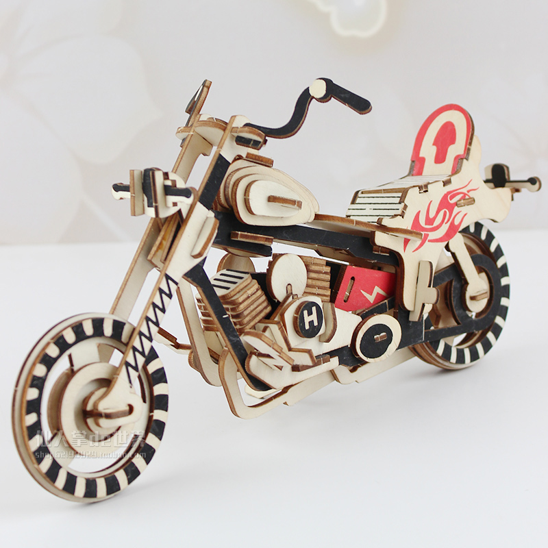 大人解压儿童手工diy积木质3d立体拼图木头小摩托车模型拼装玩具