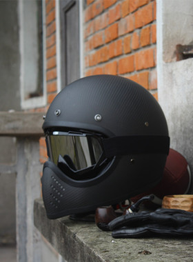 碳纤维复古头盔摩托车巡航四季全盔男女骑行安全帽玻璃钢个性灰