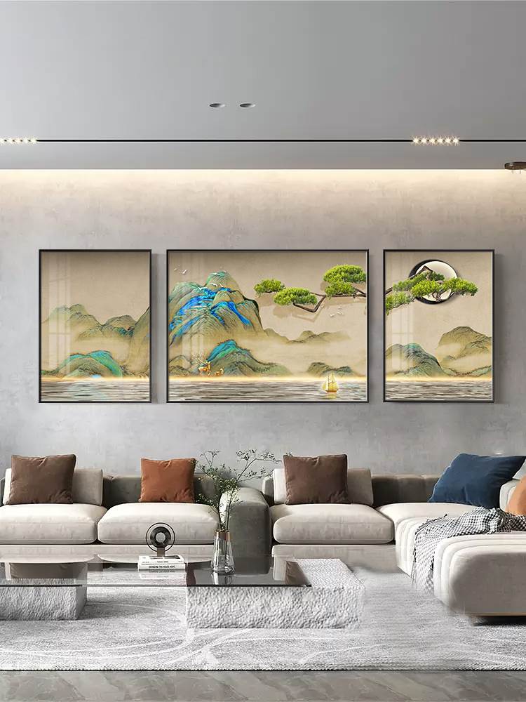 新款千里江山g图客厅装饰画新中式山水画挂画沙发背景墙三联画大