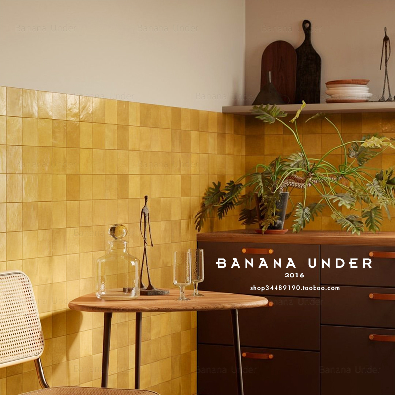 蕉下|眷|芥末黄西班牙进口手工釉面砖浴室厨房金色复古瓷砖设计师