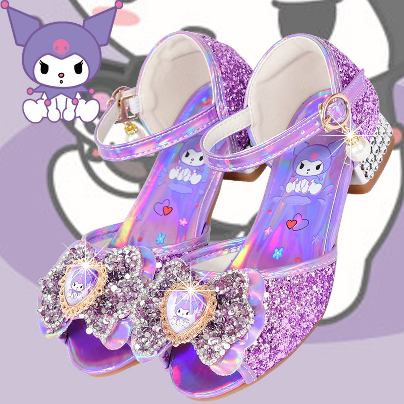 女童小高跟鱼嘴凉鞋夏季儿童紫色洋气公主鞋女孩库洛米水晶鞋童鞋