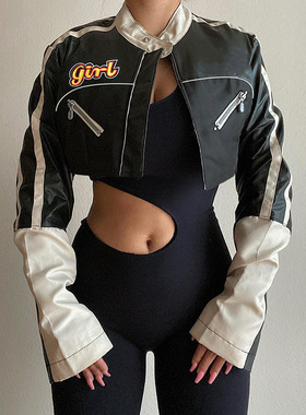 Motorcycle leather cardigan coat欧美酷帅机车风皮衣开衫外套女