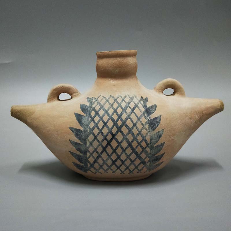 仰韶文化 仿古陶器摆件 半坡彩陶 网纹船形壶 纯手工新古典工艺品