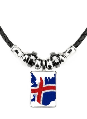 冰岛地图抽象国旗图案手工皮绳项链吊坠饰品