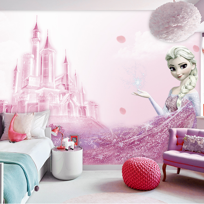 3d儿童房爱莎墙纸男女孩卧室壁纸白雪公主粉色卡通温馨游乐园壁画