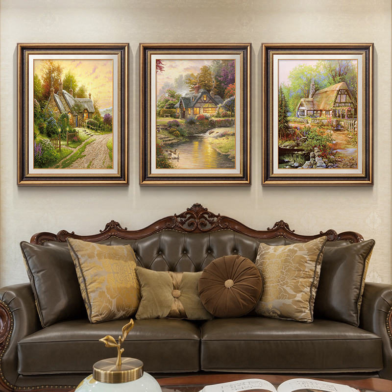 美式客厅装饰画沙发背景墙三联画餐厅玄关走廊挂画复古山水风景画