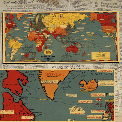 二战中期全球形势地图海报复古文艺牛皮纸装饰画贴纸挂画壁画画芯