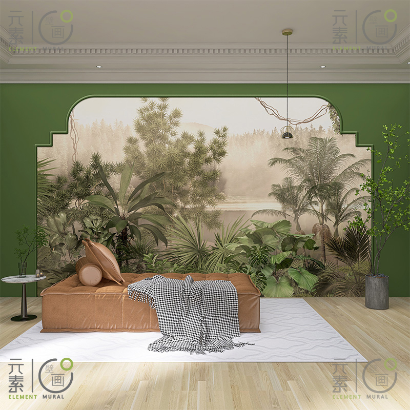 复古法式丛林壁纸高级感客厅卧室床头背景墙壁布南洋风石膏线墙纸