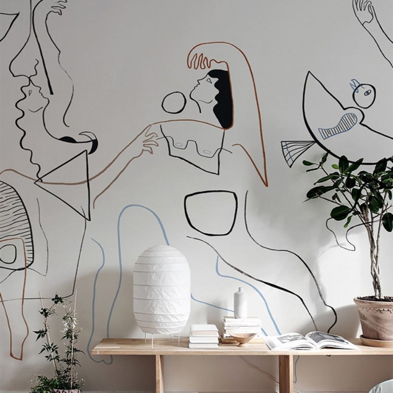 黑白个性线条艺术人物酒店背景墙纸画室主题餐厅壁纸民宿卧室壁画