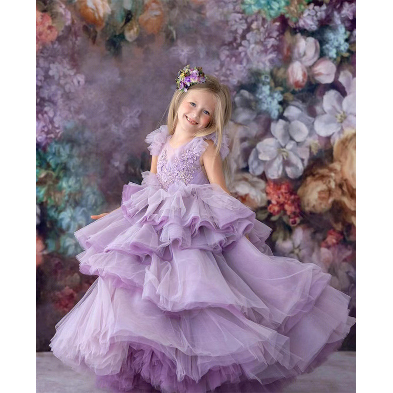 2024速卖通新款儿童礼服公主裙女童紫色钢琴演出气质走秀童礼服