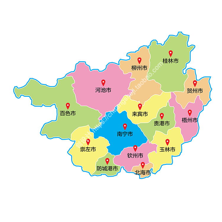 彩色广西省分区地图简单行政区划 非实物地图 AI格式矢量设计素材