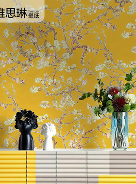 梵高艺术油画花鸟杏花墙纸黄色金色美式客厅法式卧室背景壁纸欧式
