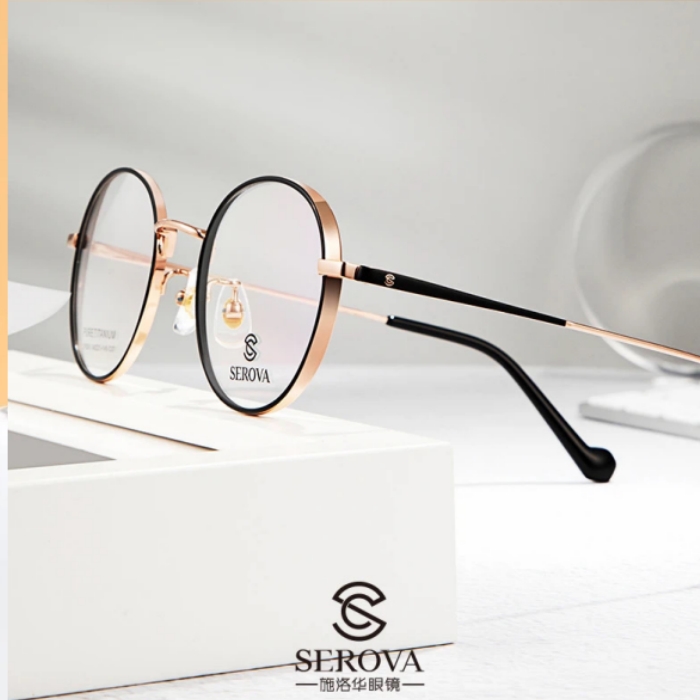 施洛华SEROVA SP326高度近视眼镜框女小圆形纯钛宽厚边1000度超薄