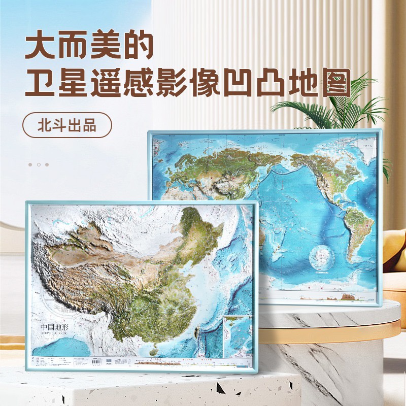 【官方正版】新版共2张中国和世界地形图 3d立体凹凸地图挂图 约58*43cm卫星遥感影像图浮雕地形三维图 中小学生地理学习家用墙贴