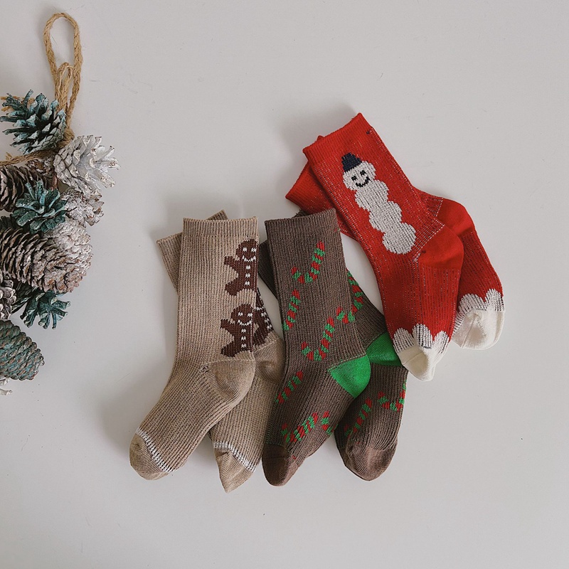 可儿妈冬季新款圣诞系列加厚拼色圣诞老人元素儿童袜子男女童短袜
