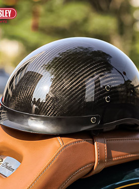 碳纤维摩托车头盔女复古机车安全认证半盔个性酷夏季电动车瓢盔