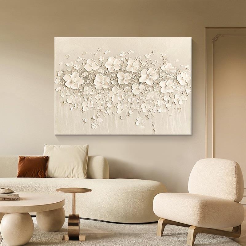 纯手绘油画白色花卉客厅装饰画美式横版沙发背景墙肌理抽象挂画