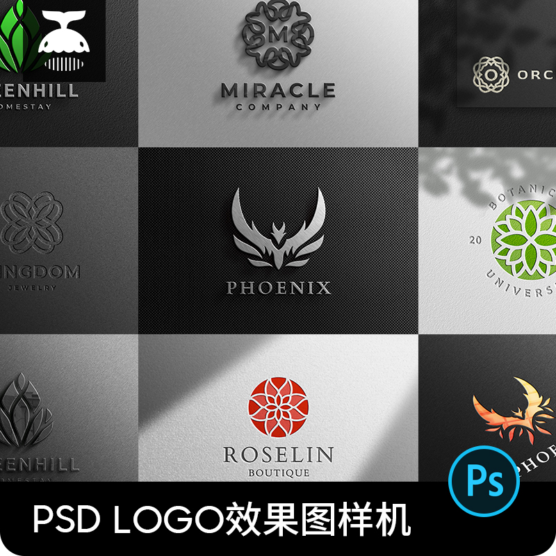 品牌LOGO标志提案效果图展示3D立体浮雕凹凸印PS贴图样机素材PSD
