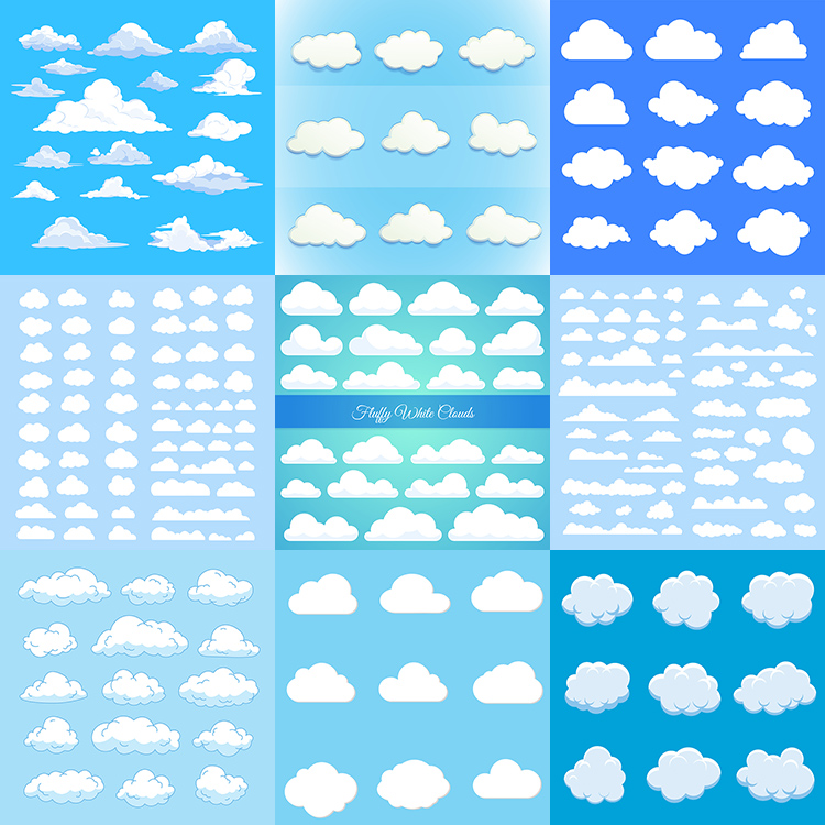 白云图标 扁平化卡通蓝天各种形状的云朵 AI格式矢量设计素材