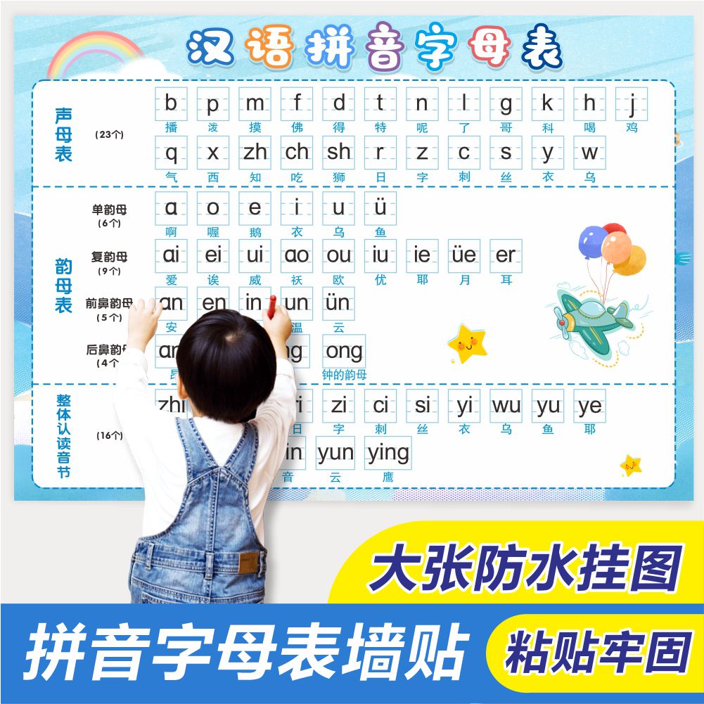 26个汉语拼音字母表墙贴一年级声母韵母拼读训练全表幼儿早教挂图