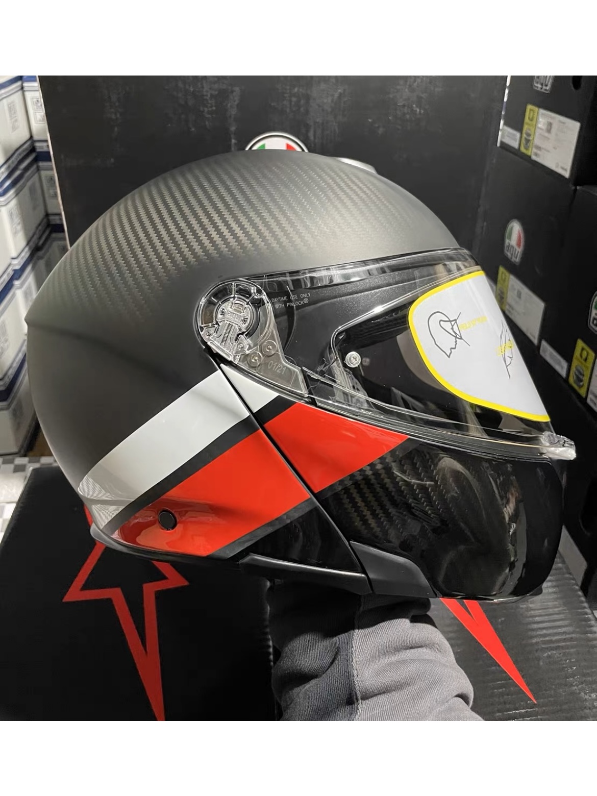 AGV碳纤维揭面盔头盔男女防雾摩托车赛车双镜片全盔Sportmodular