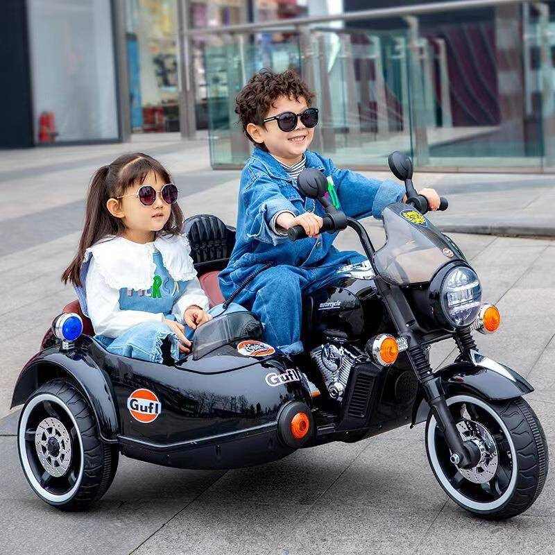 儿童电动摩托车 小孩三轮电动车挎斗双人摩托车 大号双驱童车