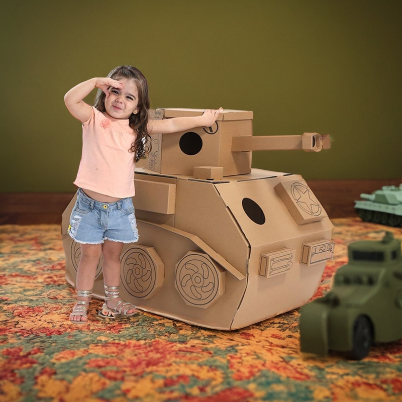 幼儿园儿童手工制作DIY玩具涂色鸦模型纸板纸箱汽车坦克飞机房子
