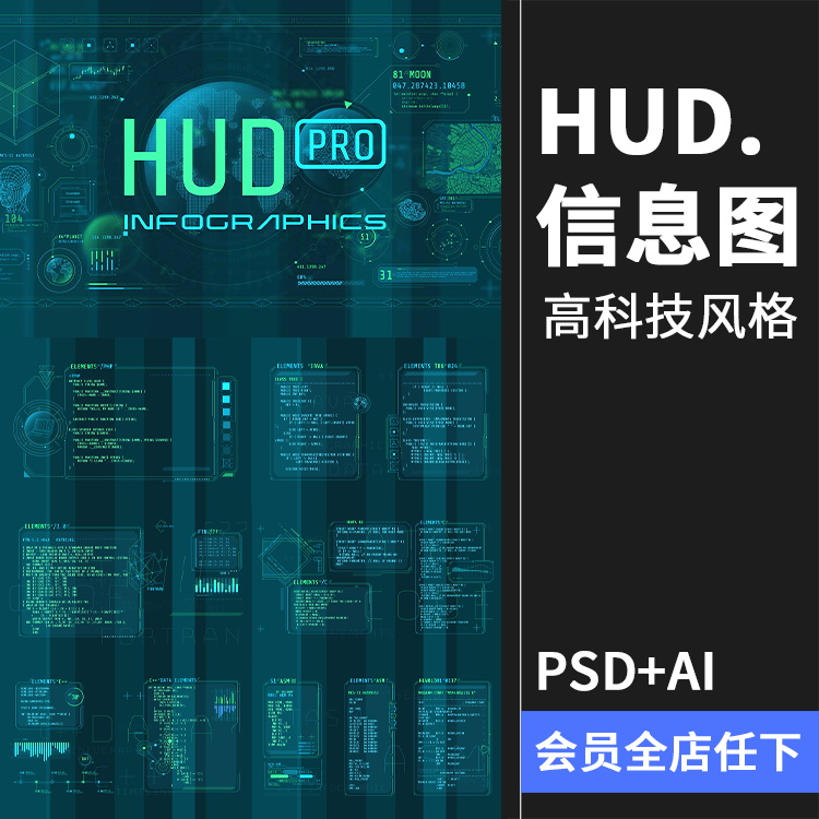 HUD信息图表高科技全息仪表盘数据可视化元素AI矢量PSD模板PS素材