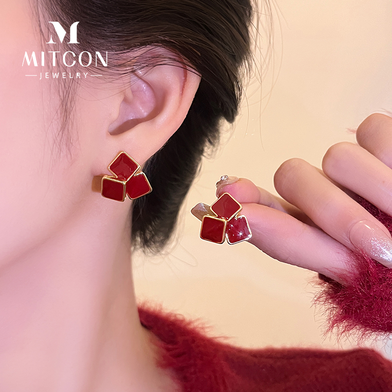 耳钉女法式简约红色菱形小众设计高级感几何图形耳环港风气质耳饰