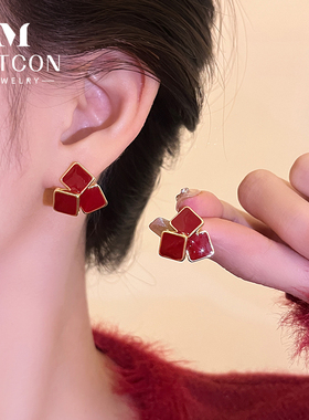 耳钉女法式简约红色菱形小众设计高级感几何图形耳环港风气质耳饰