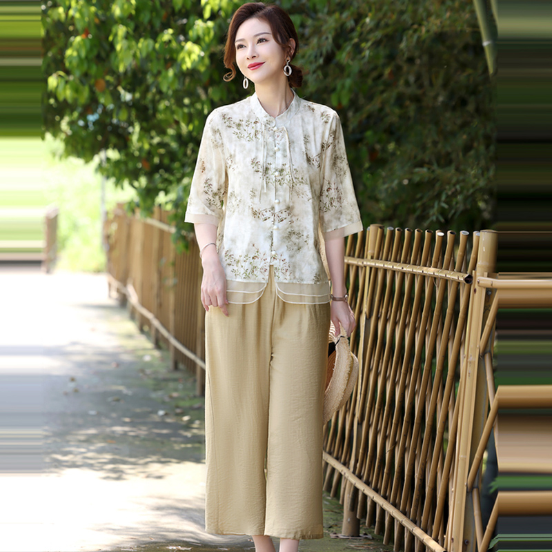 中年妈妈夏装棉麻套装短袖衬衫中老年女夏季新中式国风上衣两件套