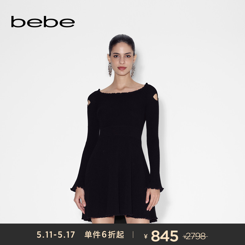 bebe冬季系列女士气质U领镂空收腰短款羊毛针织连衣裙450001