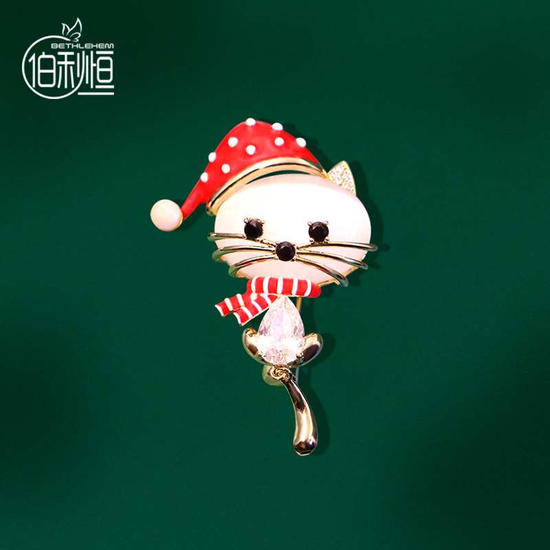 韩国红色圣诞帽围巾绅士猫胸针冬季百搭设计感别针防走光西装配饰
