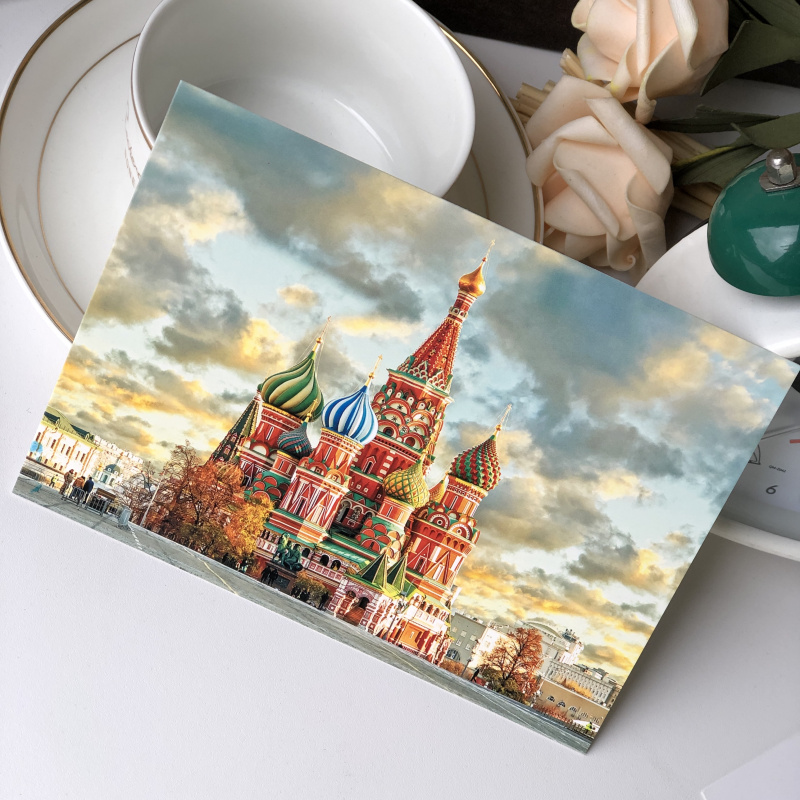 俄罗斯风情卡片莫斯科明信片红场圣瓦西里大教堂雪景雕像街景夜景