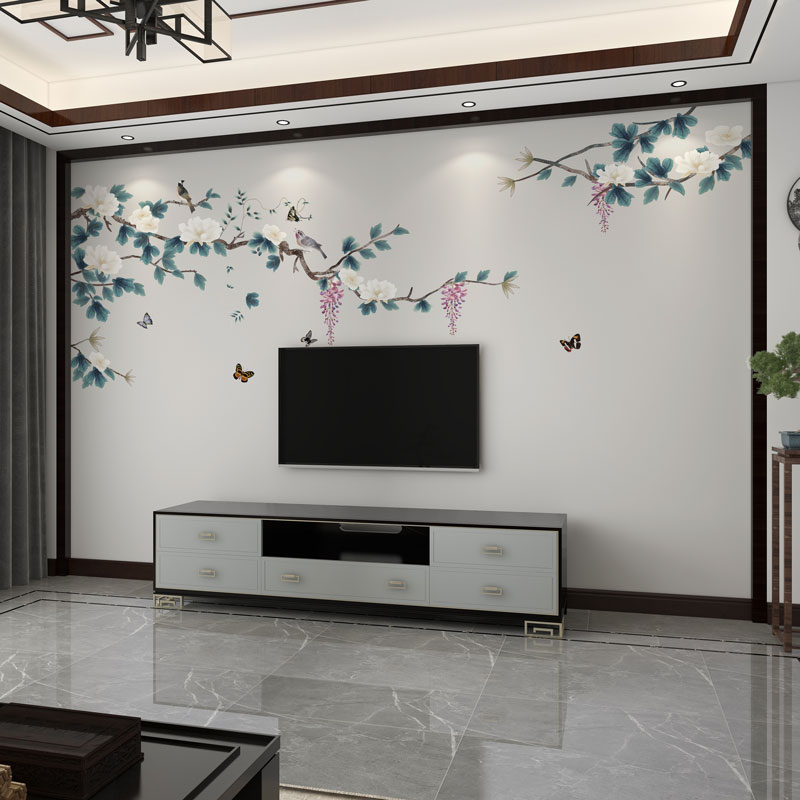 墙纸3d立体新中式花鸟电视背景墙壁布客厅壁纸卧室墙布影视墙壁画