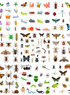 卡通昆虫图标 扁平化动物蝴蝶蜜蜂草蜢蜈蚣 AI格式矢量设计素材