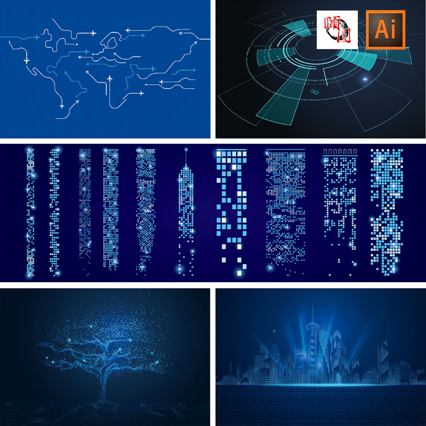 蓝色光线曲线智能科技网络大脑地图城市建筑背景AI矢量设计素材
