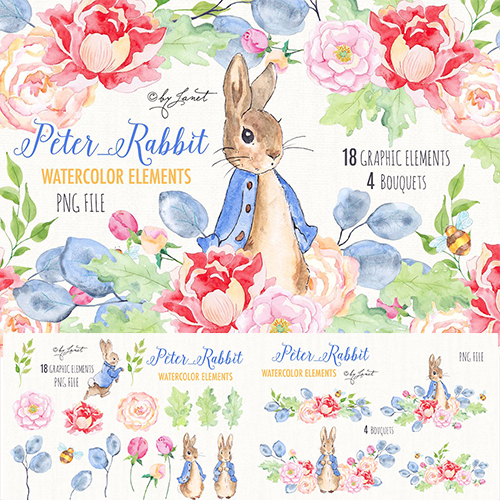 水彩手绘可爱卡通植物花朵花边兔子比得兔彼得兔插画PNG图片素材