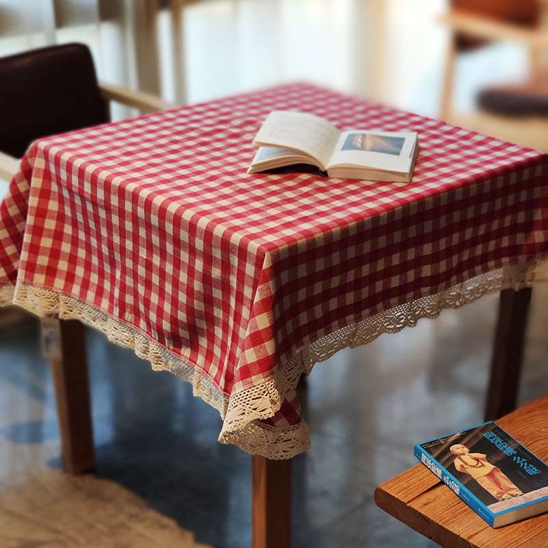 正品日系 桌布 老粗布 蕾丝花边长方形餐桌布 帆布格子图案 日式