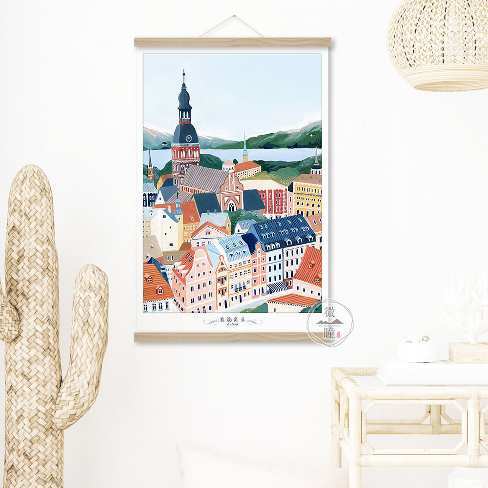 欧洲旅行海报拉脱维亚风景装饰画里加城市街景地中海卧室实木挂画