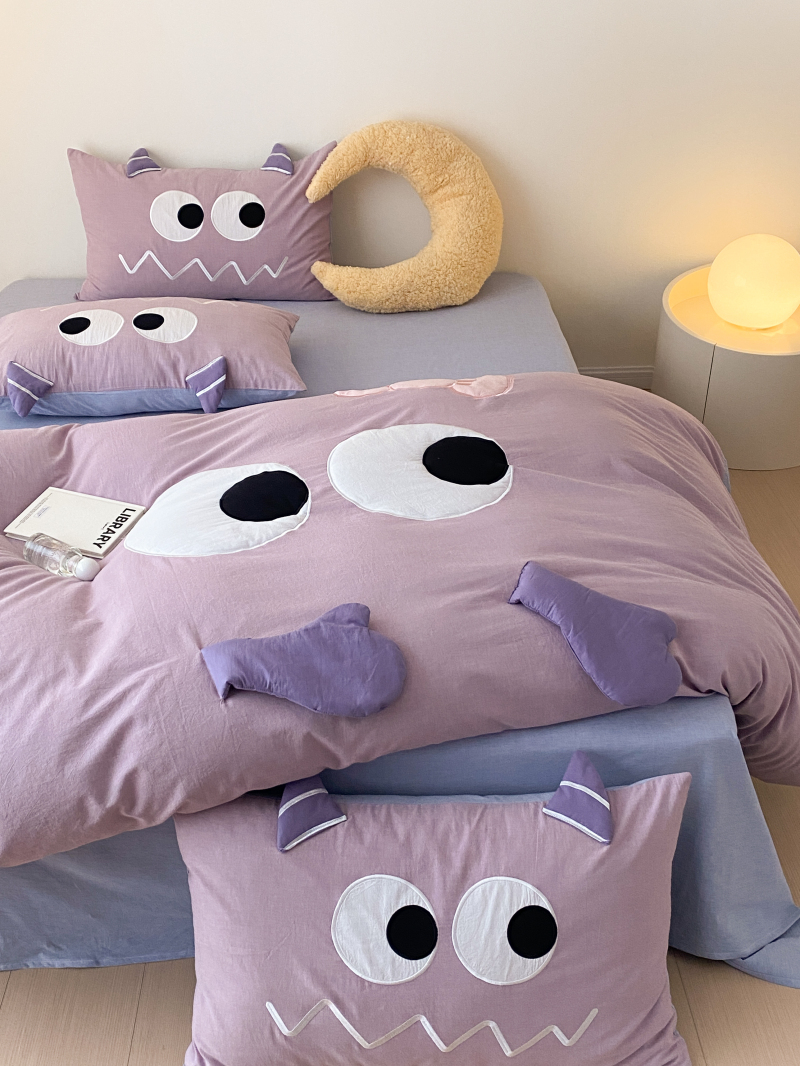 紫色小怪兽卡通全棉水洗棉四件套纯棉被套床单宿舍三件套床上用品