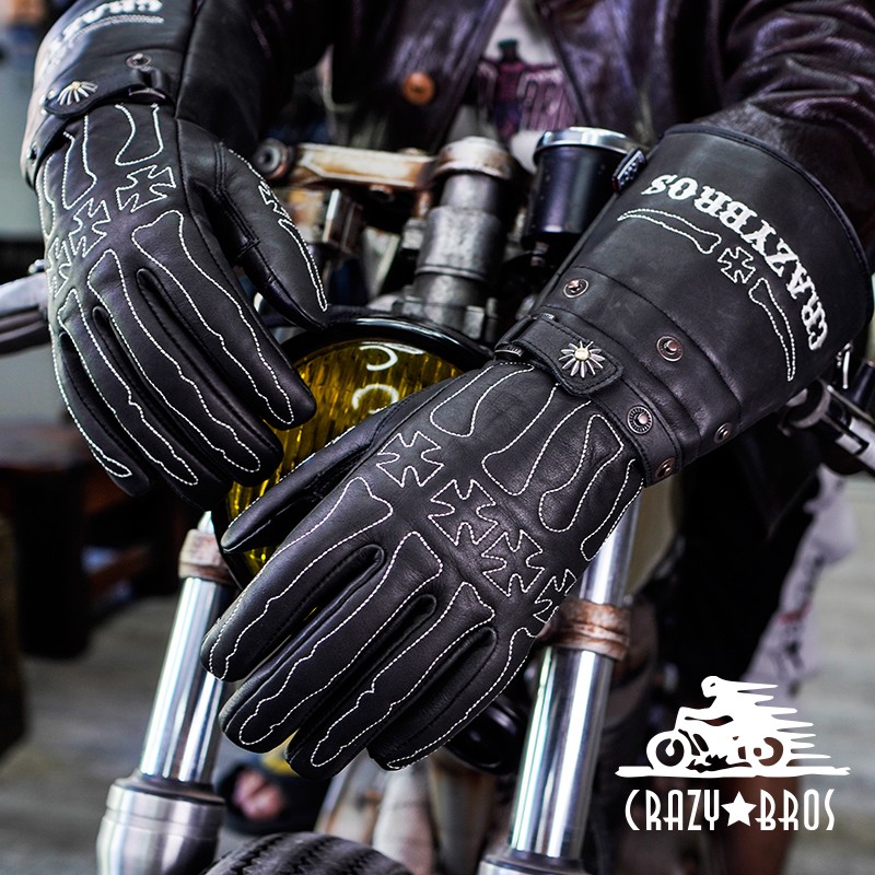 crazyBROS摩托车骑行手套哈雷复古机车长款冬季加绒保暖手套防水